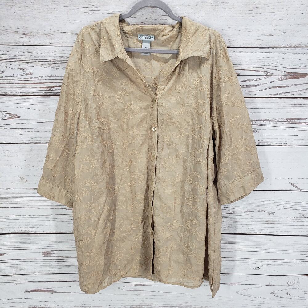 Catherines Women's Floral Embroidered Button Front Sheer Top Size 3X